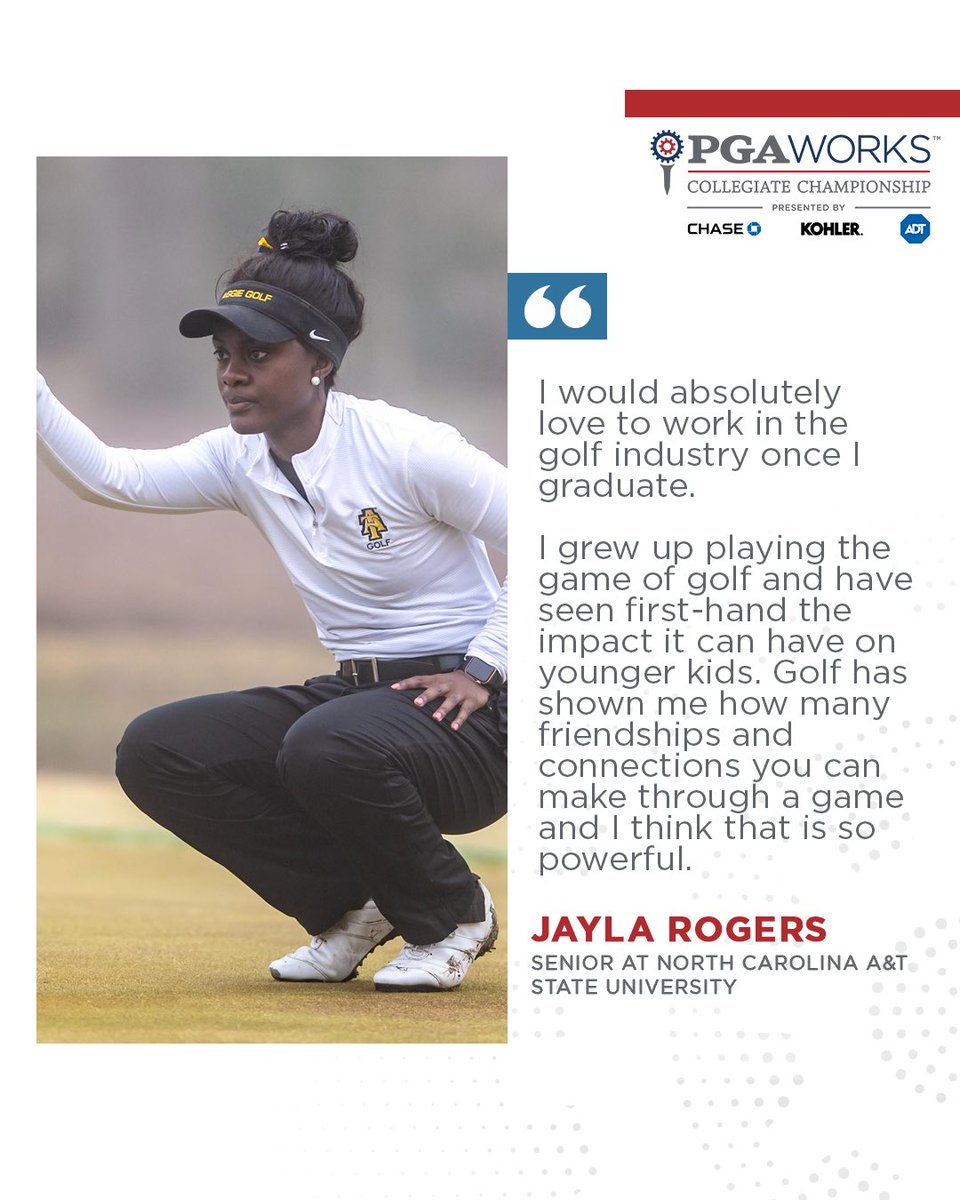 Golf is a powerful game.❤️ North Carolina A&T State University senior and @PGAWORKS Collegiate Championship competitor, Jayla Rodgers, has witnessed this first-hand. Through #PGAWORKS, she’s made lifelong friendships and explored possible career paths in the industry!💪🏼