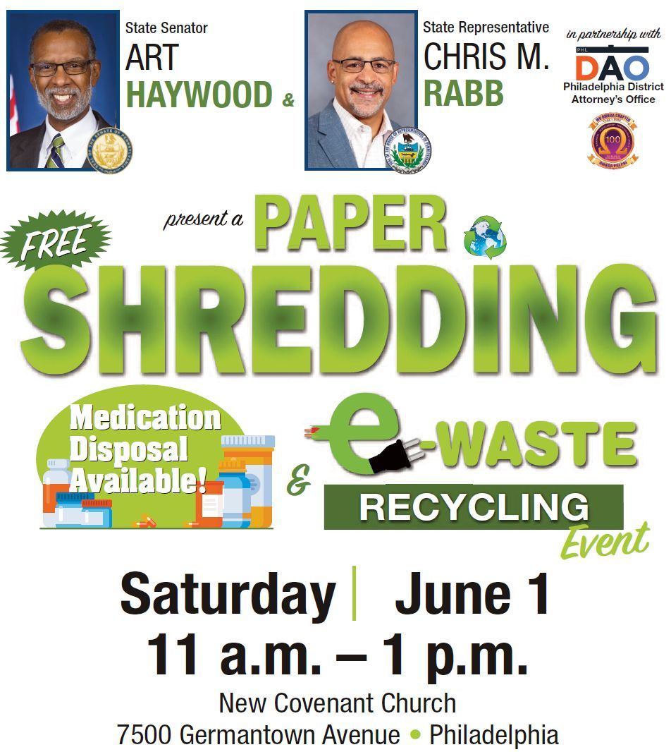 Mark your calendars and join us for our Shredding, Medical Disposal, and E-recycling event in partnership with @RepRabb! #Recycle #Philly