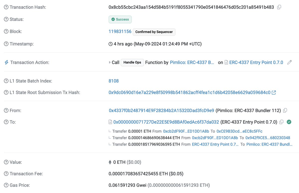 Hold up! Our very first ERC-4337 Entry Point 0.7.0 transactions are up: optimistic.etherscan.io/tx/0x8cb55cbc2… optimistic.etherscan.io/tx/0x1f895e0ec… Everything works like a charm 👌