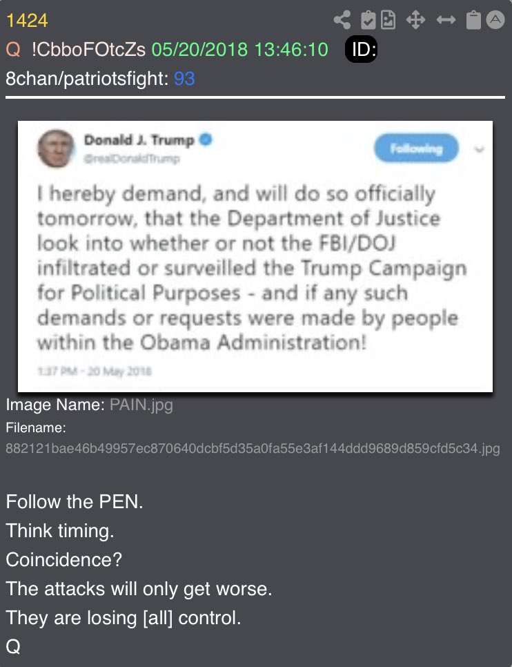 @realDonaldTrump just dropped a flurry of videos on TruthSocial.

2 of said Truths relate to “follow the pen” drops (see time stamps) 1415 and 1424.

👀

#electioninterference 
#clintonfoundation 
#timestamphunting 
#followthepen