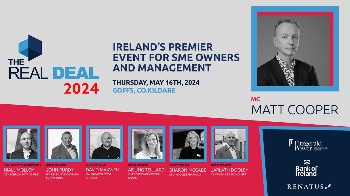 The Real Deal (@therealdealconf) on Twitter photo Our final speaker Jarlath Dooley, Chairman & Board Adviser joins Sharon McCabe-<a href="/McCabesPharmacy/">McCabes Pharmacy</a>, Aisling Teillard-<a href="/beqom/">beqom</a>, David Maxwell-<a href="/boojummex/">Boojum</a>, John Purdy-Ergo, Niall Molloy-Echelon Data Centres.
๐
May 16th ๐ <a href="/Goffs1866/">Goffs</a> ๐๏ธ<a href="/cooper_m/">Matt Cooper</a>
Tickets โก๏ธ therealdealevent.com/tickets/ Our final speaker Jarlath Dooley, Chairman & Board Adviser joins Sharon McCabe-<a href="/McCabesPharmacy/">McCabes Pharmacy</a>, Aisling Teillard-<a href="/beqom/">beqom</a>, David Maxwell-<a href="/boojummex/">Boojum</a>, John Purdy-Ergo, Niall Molloy-Echelon Data Centres.
๐
May 16th ๐ <a href="/Goffs1866/">Goffs</a> ๐๏ธ<a href="/cooper_m/">Matt Cooper</a>
Tickets โก๏ธ therealdealevent.com/tickets/