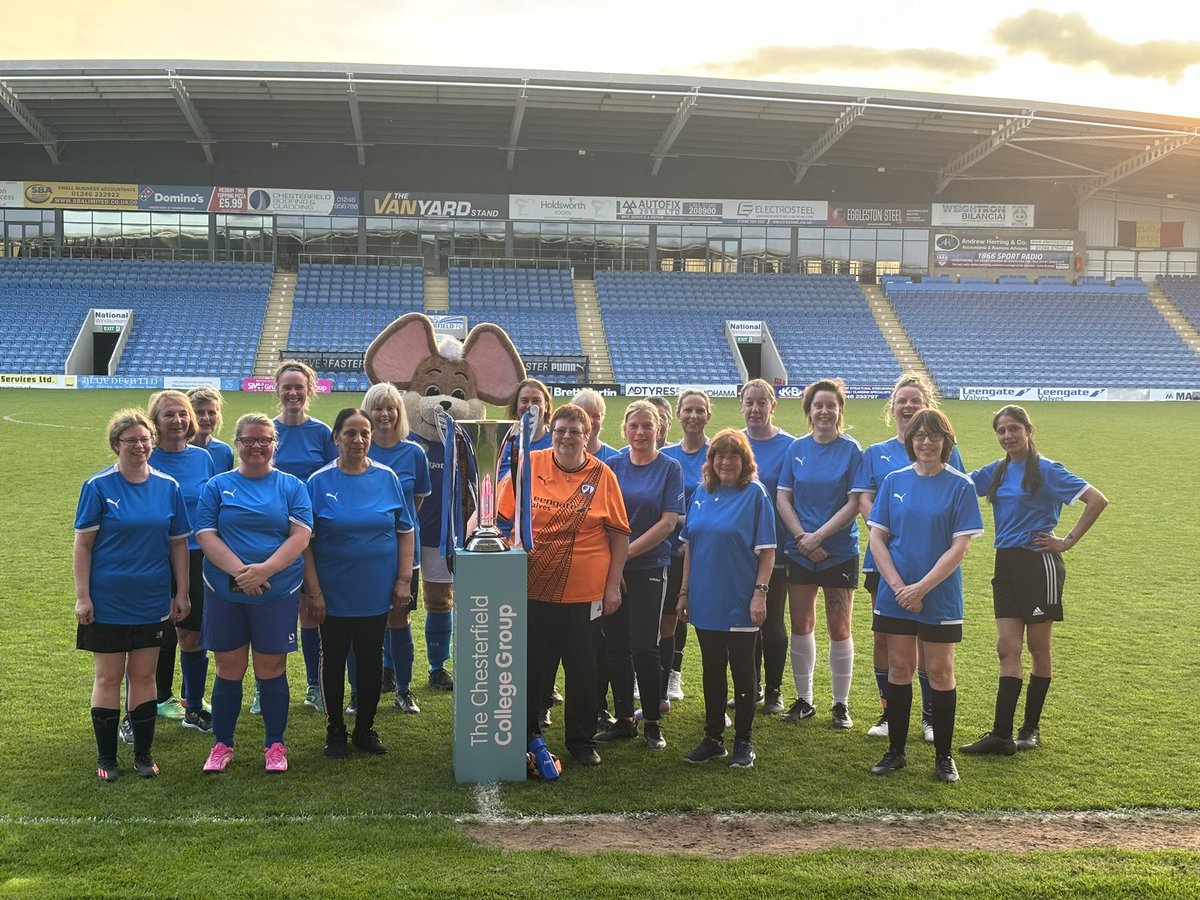 The <a href="/spireitestrust/">Chesterfield FC Community Trust</a> Wildcats &amp; Women’s Walking Football teams posing with <a href="/ChesterfieldFC/">Chesterfield FC</a>’s silverware! 🏆

#LetGirlsPlay
