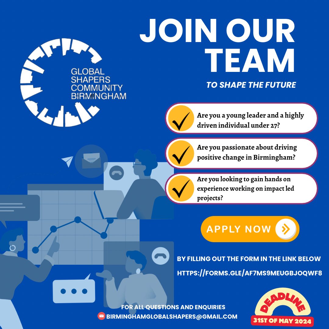 Join us as a Global Shaper and drive impactful changes right where it matters!

We're scouting for our new cohort of Young Brummie Superstars-could that be you? Or perhaps someone you know?
Don't miss out: 

Apply on or before May 31st forms.gle/af7Ms9MeuGBJoq…