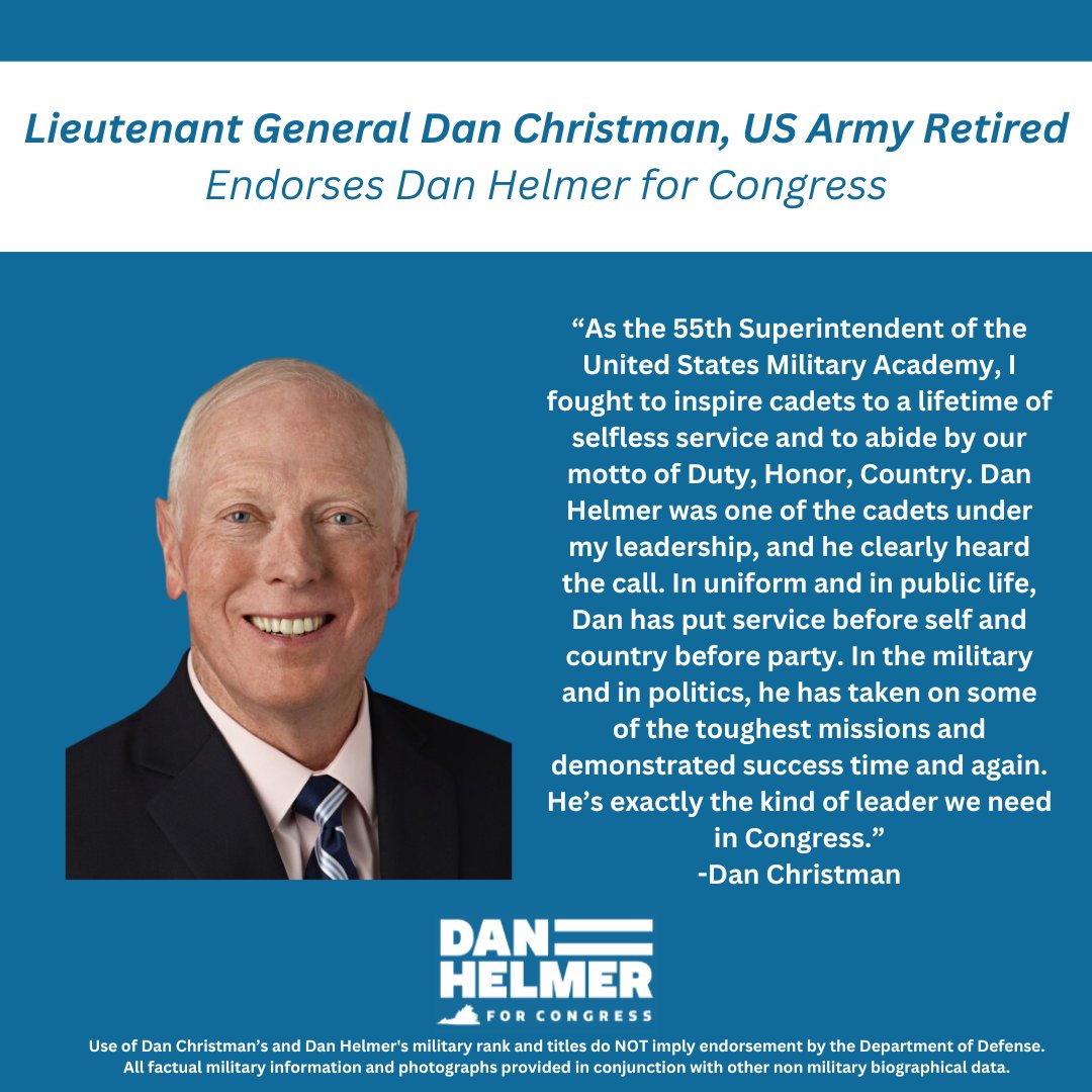 Humbled to have LTG (Ret.) Dan Christman's endorsement for our campaign to protect our democracy in #VA10. His leadership and selfless service inspired me as a Cadet serving under him at West Point to live my life in service to our country.