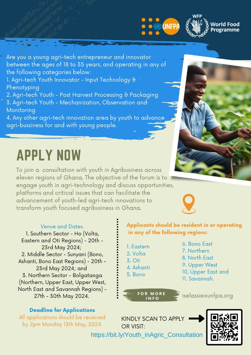 Are you a young innovator passionate about transforming Ghana's agribusiness sector through technology? Apply now for this opportunity: bit.ly/Youth_inAgric_… #YouthAgriTech #Innovation #GhanaAgribusiness #WFP #UNFPA