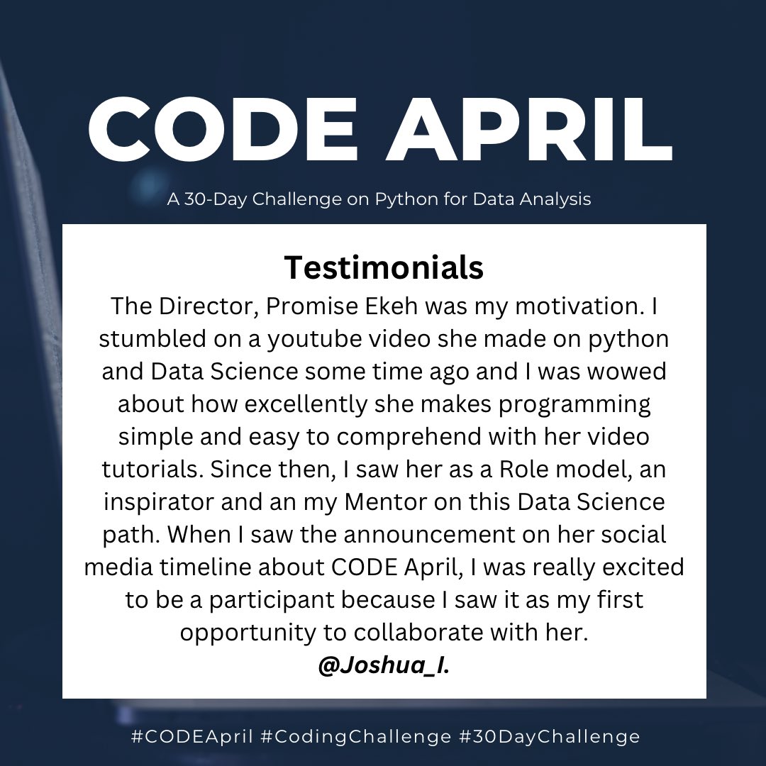 CODE April may have ended, but the feedback we received from our participants are absolutely incredible! 

We can’t stop raving about the amazing experience.

#CODEApril #CodingChallenge #30daychallenge #dataanalyst #feedback #Eurovision2024 #stockmarketcrash