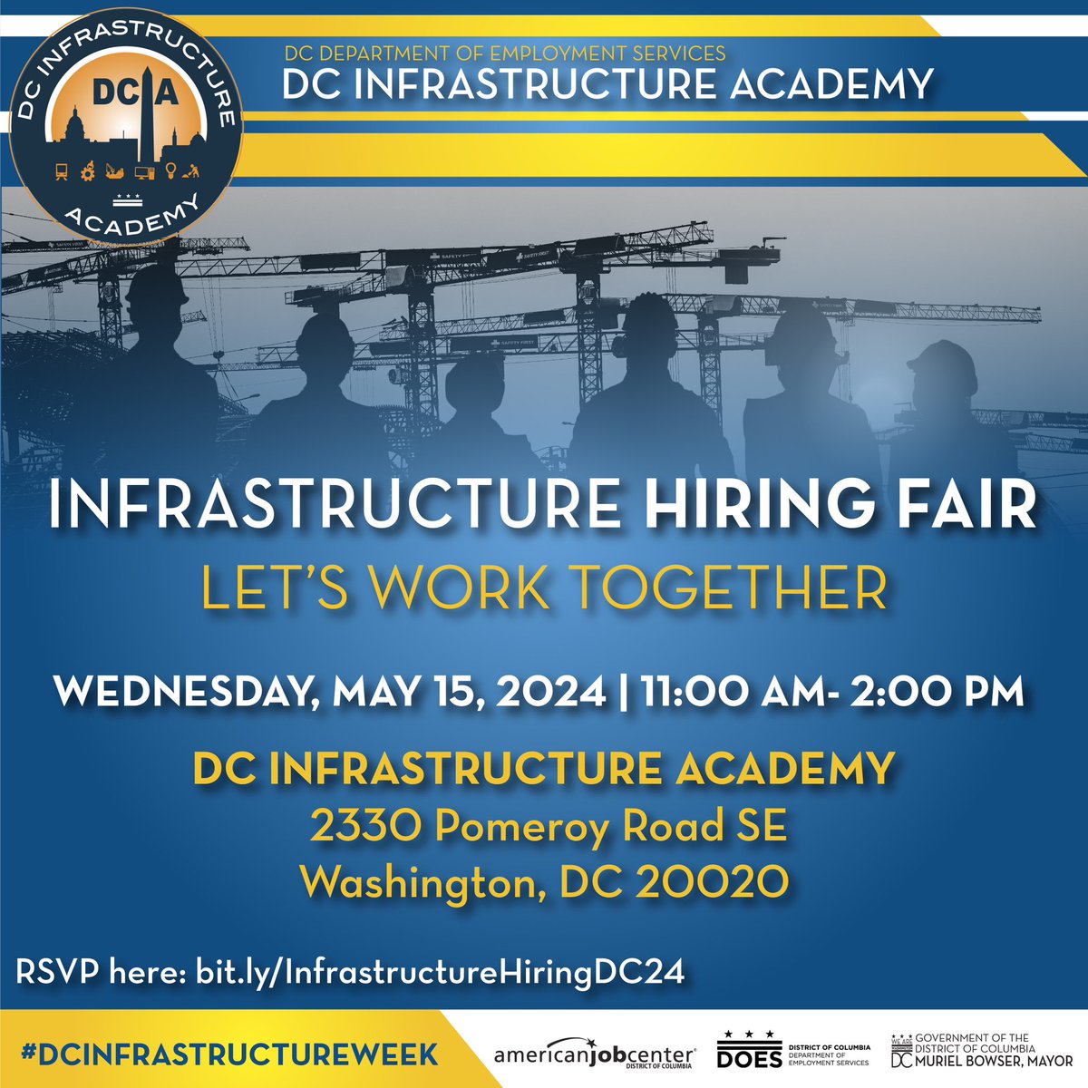 Let’s work together! Join the #DCInfrastructureWeek Hiring Fair.   🗓️ Wednesday, May 15 ⏰11:00 AM 📍 2330 Pomeroy Road SE   Dress to impress and please bring multiple copies of your updated resume.   To learn more and register, visit bit.ly/Infrastructure….