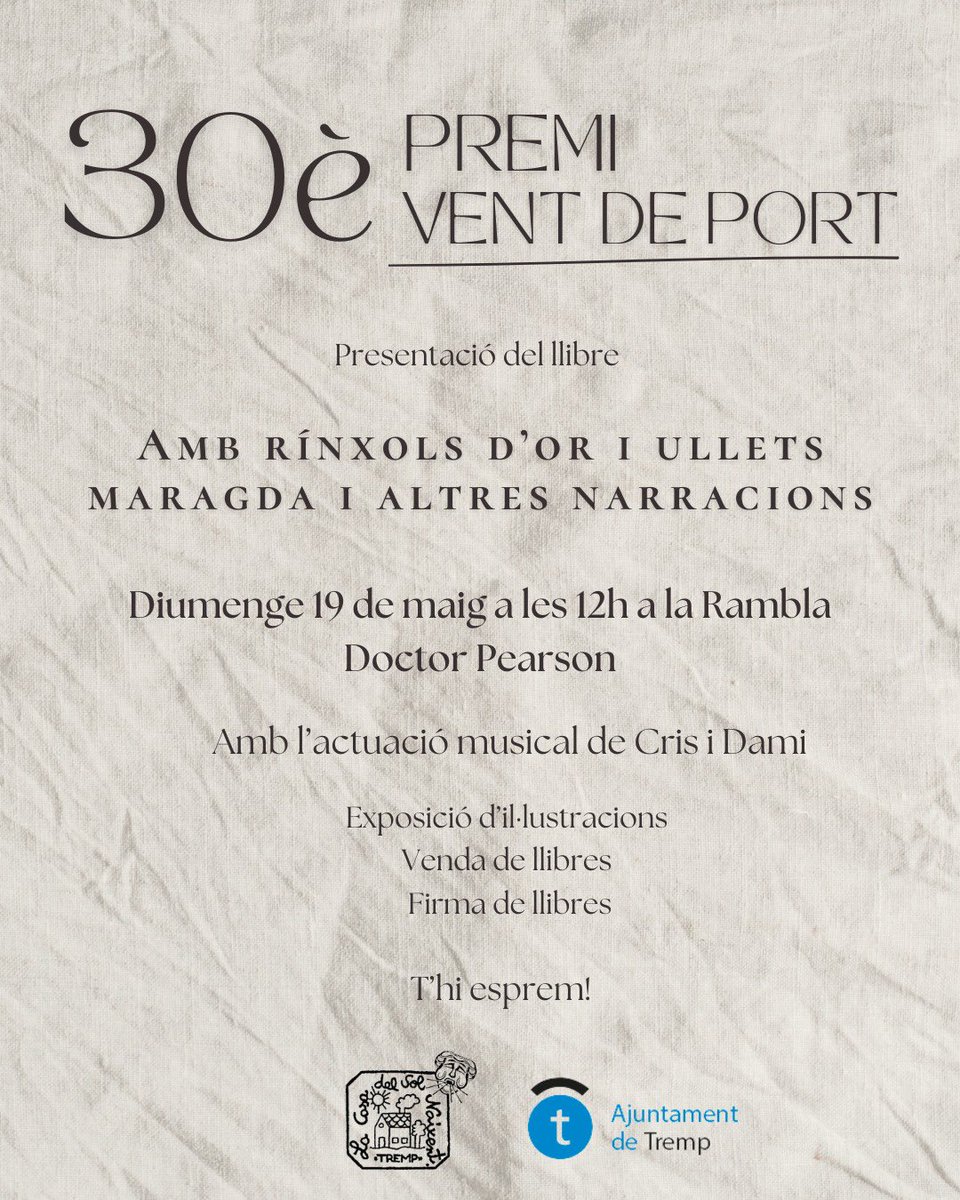 Atenció amants de la literatura!📚Vine a la presentació del llibre "Amb rínxols d’or i ullets maragda i altres narracions", guanyador de la 30a edició del Premi Vent de Port 📅Diumenge, 19 de maig, a les 12h📍Als sols del Passeig 📖No deixis que t'ho expliquin #PremiVentDePort