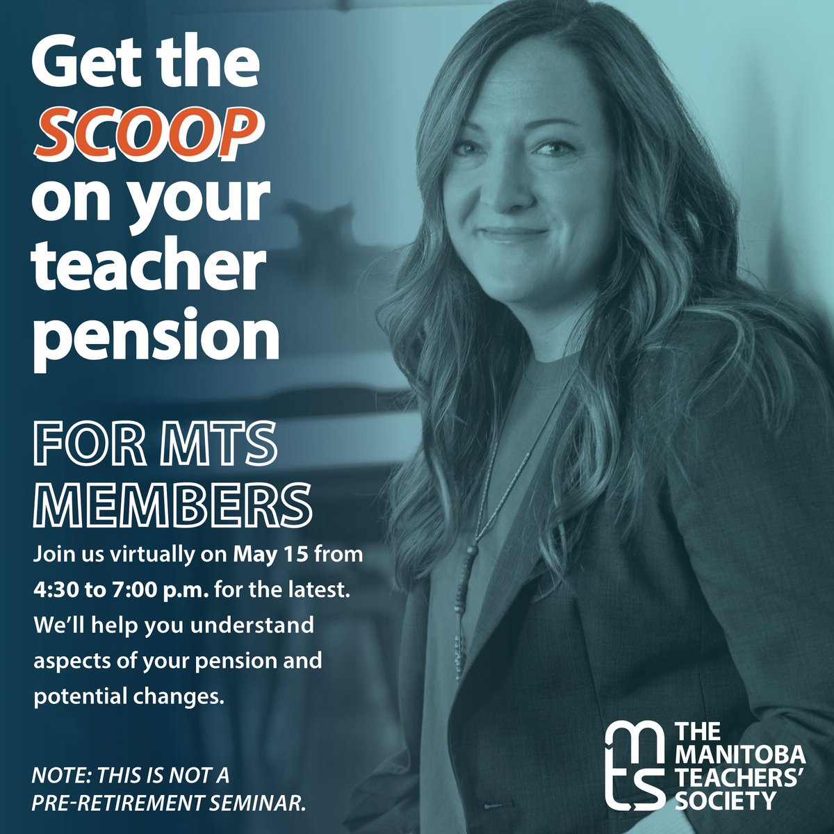 MTS members! Get the scoop on your teacher pension. Register at buff.ly/2qgf1o8 and join us virtually from 4:30 - 7:30 p.m. on May 15. We'll help you understand aspects of your pension and potential changes. This is not a retirement seminar.