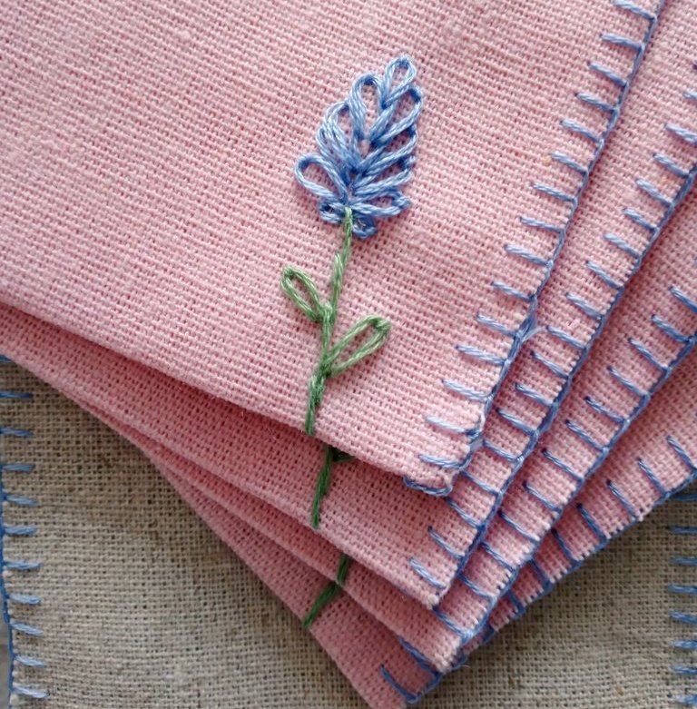 Love a bit of Lavender scent #WomanInBizHour but did you know it also repels pesky clothes moths that try to get into your wardrobes and drawers? Images of embroidered Pair of Pink linen lavender bags & close up of stitches. Link in next post...