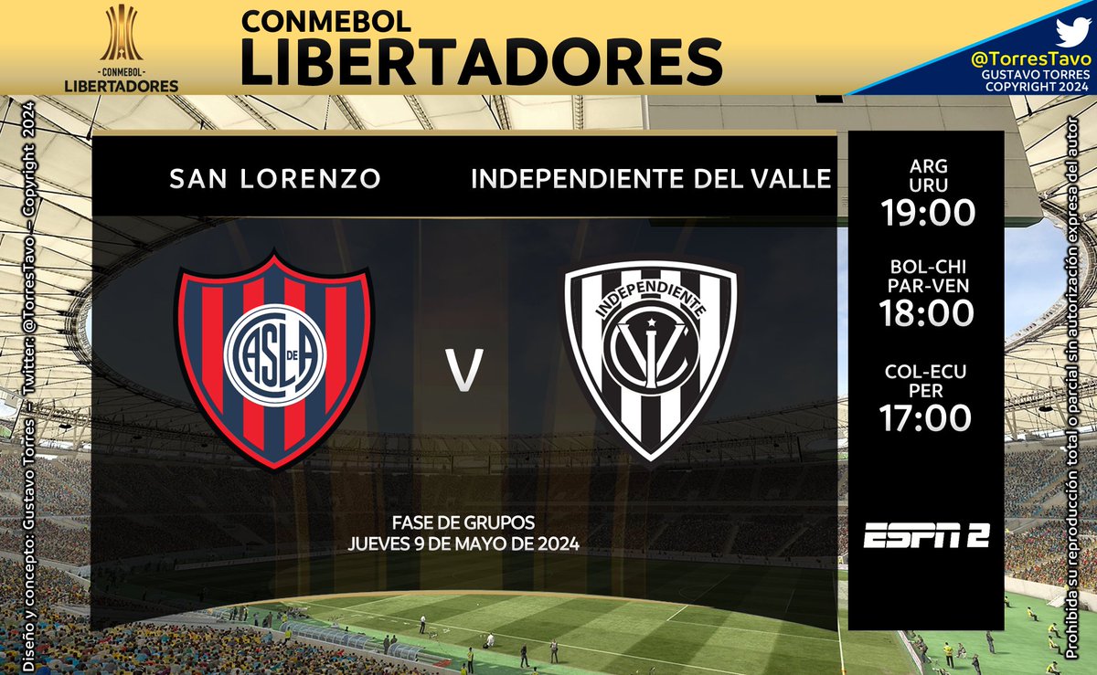 San Lorenzo - Independiente del Valle
TV: ESPN 2
Narra: @leogabes
Comenta: @gustavohlopez
#LibertadoresxESPN