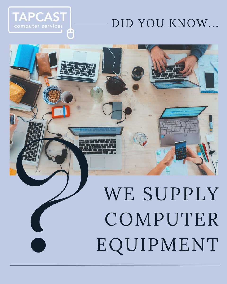 Did you know we supply computer equipment?
Whether it be a laptop, PC, tablet or server, networking equipment or software, the chances are we can provide everything you will need to run your business, and we can help you choose what's right for you!

#ITsupport #businesssupport