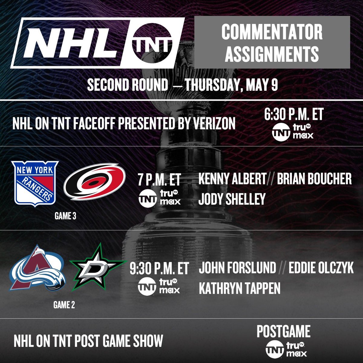 Commentator assignments for tonight’s @NHL_On_TNT #StanleyCupPlayoffs doubleheader ⏬