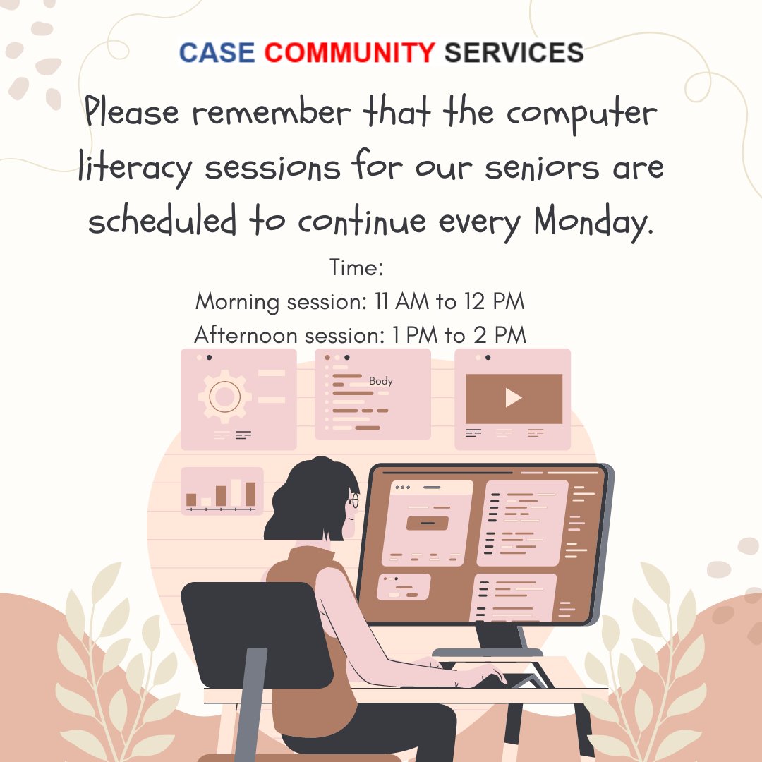 📢 Hey seniors! Don't forget about our FREE digital computer literacy classes happening every Monday! 🖥️✨

📲 Call us at (905)216-2244  to reserve your spot today! 🎟️

#SeniorsDigitalLiteracy #FreeClasses #ComputerSkills #StayConnected #NeverTooLateToLearn #TechSavvySeniors