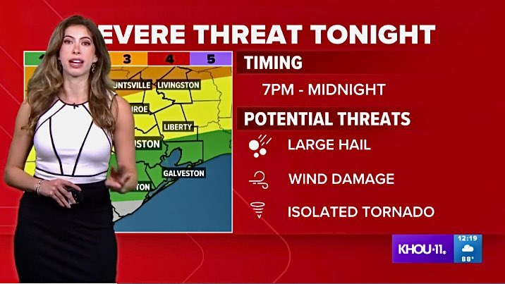 Heads Up❗️ We have the threat of isolated severe storms tonight before midnight. Main concern is going to be a large hail 2” in diameter, larger than the size of a golf ball. @KHOU #khou11
