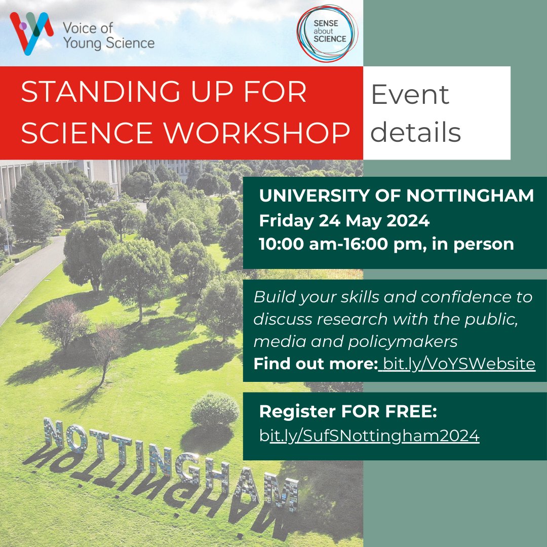 Want to Stand up for Science? Less than two weeks left to apply for your FREE place at @voiceofyoungsci’s ‘Standing up for Science’ workshop at the @UniofNottingham on Friday 24 May 2024 More information: bit.ly/SufSNottingham…