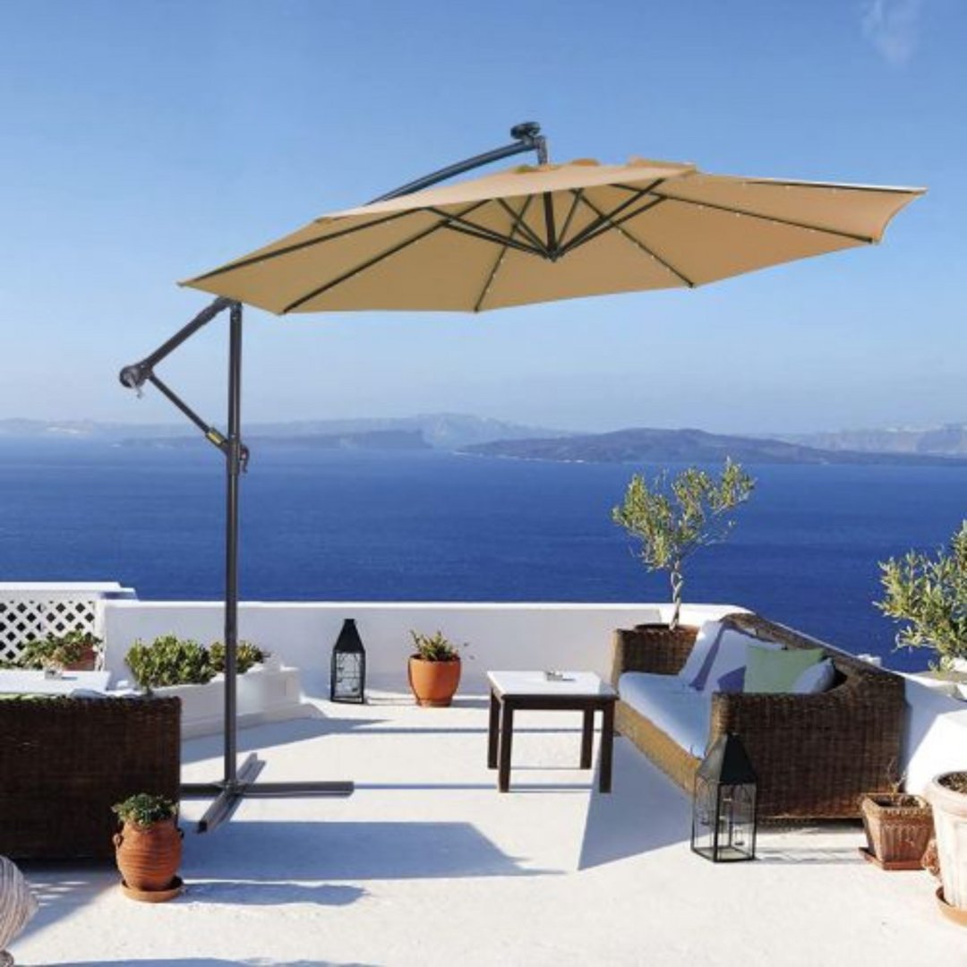 deck_oy_patio's tweet image. Stay cool and lit with our solar LED patio umbrella. 24 LED lights, easy-open adjustment, and a stylish taupe offset design—perfect for your outdoor space. #OutdoorUmbrella #PatioEssentials #DeckOutYourPatio #SunProtection #SolarLighting #OutdoorLiving #PatioDecor #SummerVibes