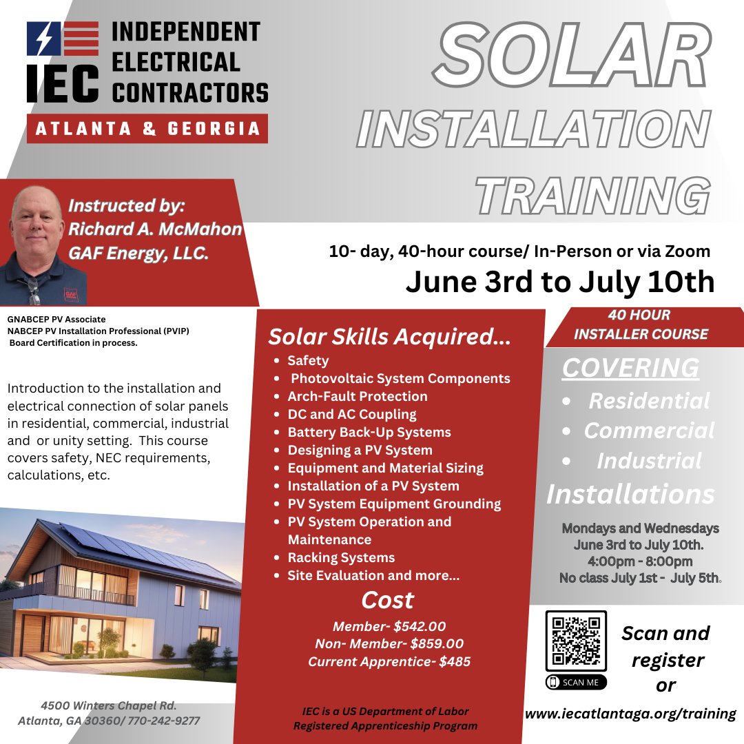 Are you prepared for IRA tax credits? Train your workers on Solar Installation! #ReusableEnergy #IECAtlGa #SolarEnergy iecatlantaga.org/classes/june-3…