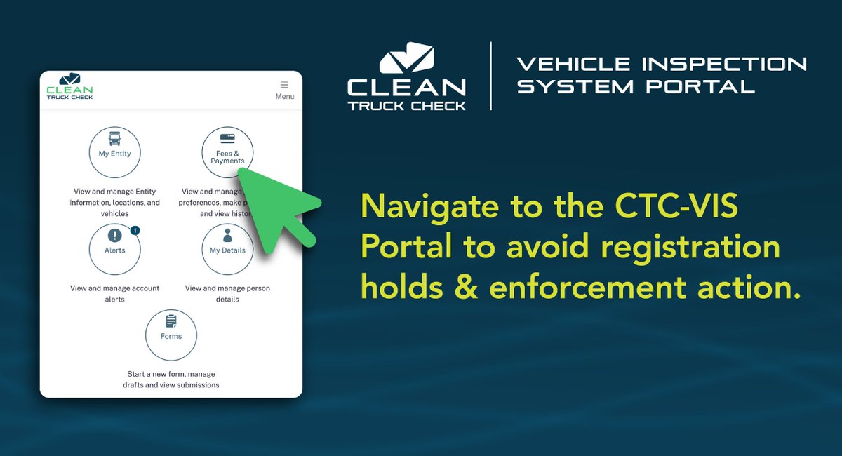 Use the CTC-VIS portal to pay Clean Truck Check compliance fees and avoid DMV registration holds. bit.ly/3vwVRwi