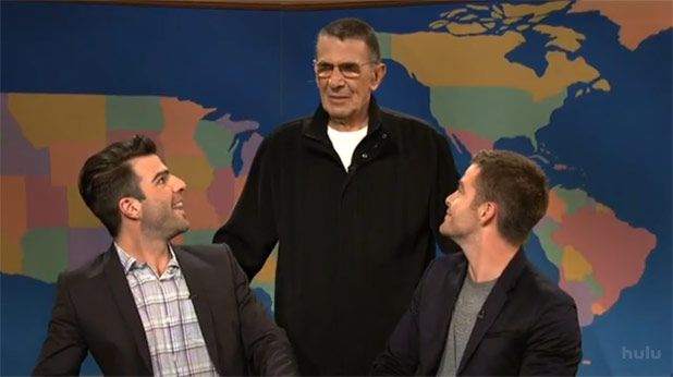 On this day in 2009: Dad appeared as a surprise guest on @nbcsnl in the Weekend Update segment with Zachary Quinto and Chris Pine, who play the young Spock and Kirk in the new Star Trek movie which had just premiered days earlier. (1/2)
