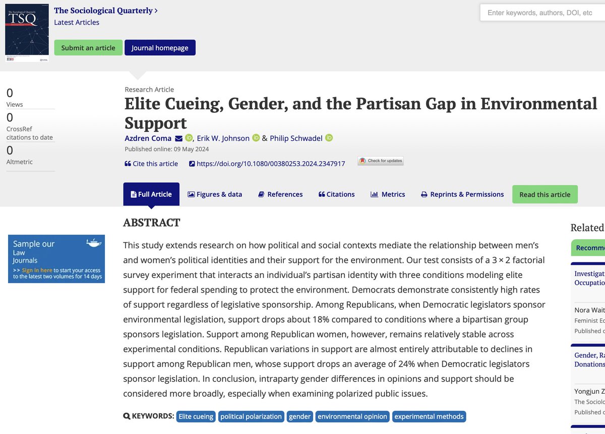 NEW IN TSQ Azdren Coma (@azdren), Erik W. Johnson, and Philip Schwadel examine how political and social contexts mediate the relationship between men’s and women’s political identities and their support for the environment. Read more at bit.ly/3y9fb3H