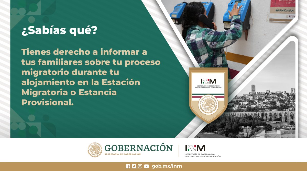 Las personas extranjeras que se encuentran en una #EstaciónMigratoria o #EstanciaProvisional podrán informar a sus familiares sobre su procedimiento migratorio.
#INMContigo