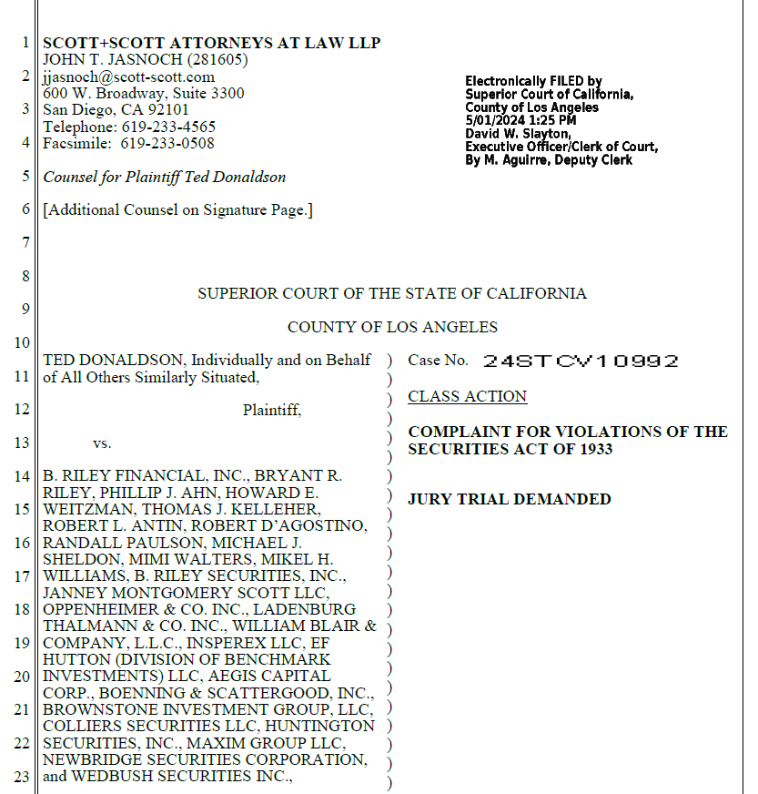 First lawsuit I have seen with board members as named defendants.  I wonder how large the D&O policy is over at $RILY