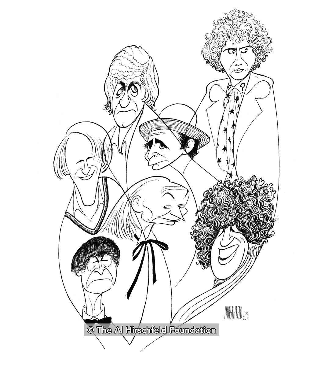 Welcome Back @bbcdoctorwho! Which Doctor is your favorite? Image: Dr. Who, 1990 Ft. William Hartnell, Patrick Troughton, Jon Pertwee, Tom Baker, Peter Davison, Colin Baker, and Sylvester McCoy #DrWho #TV #DoctorWho #Drawing #Hirschfeld