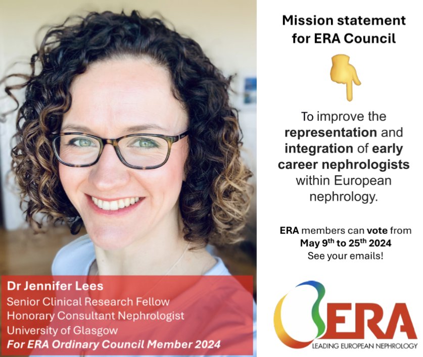 📢 VOTING OPEN FOR ERA COUNCIL Jennifer Lees is the obvious vote for all in the UK (only 🇬🇧 candidate, so ⬆️ 🇬🇧 representation) & young nephrologists Europe-wide Dedicated, full of energy & would be an asset to ERA council 🌟 See her manifesto & vote (ERA members) via link 👇🏽