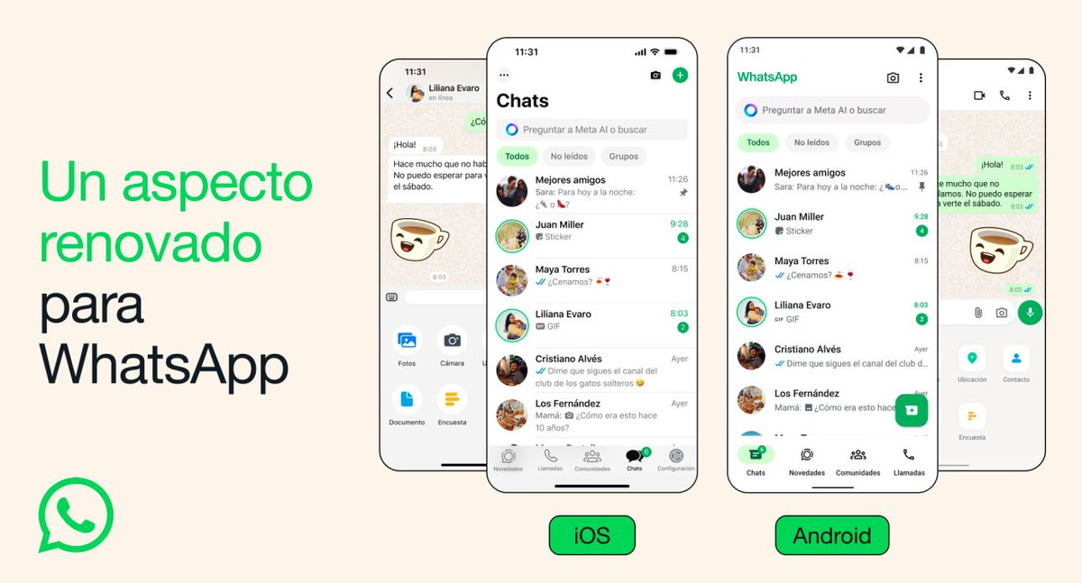 #Ahora: WhatsApp actualiza el diseño para IPhone y Android. - Nueva paleta de color verde y nuevos íconos con un estilo redondeado y perfilado. - “WhatsApp debe sentirse fresco, divertido y tuyo”, dice el comunicado.