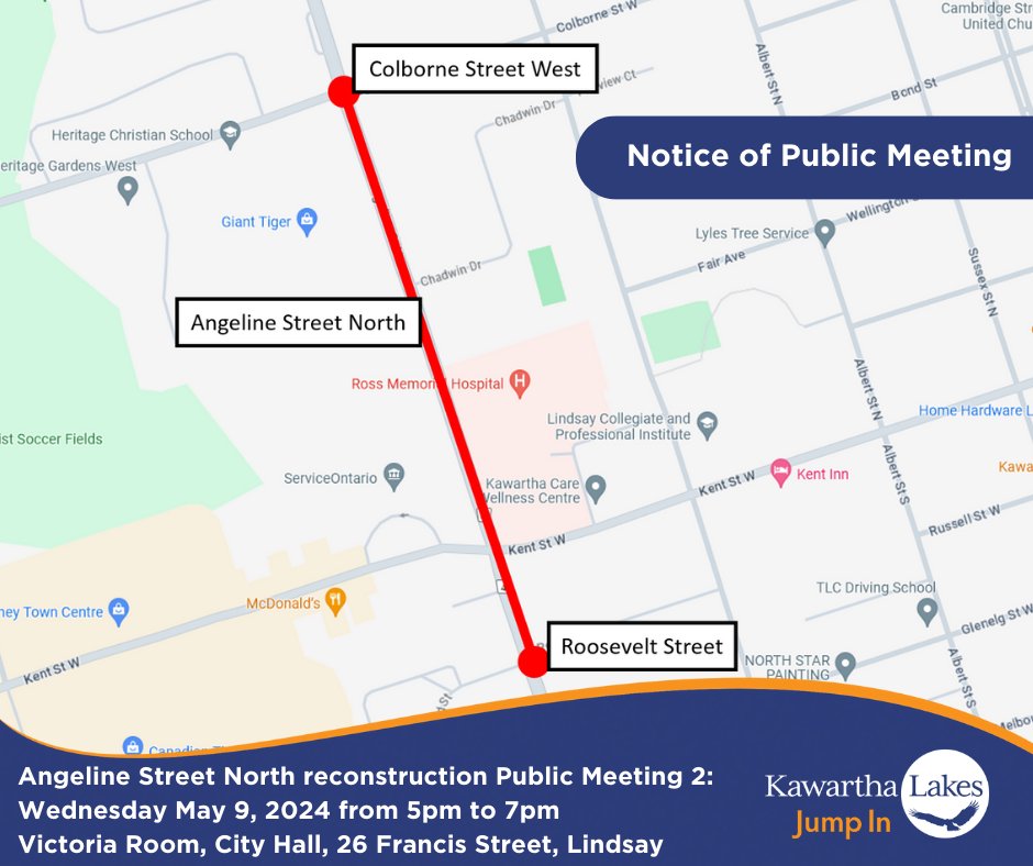 Join us tonight at City Hall from 5pm to 7pm for a public meeting to discuss the restoration of Angeline Street North in Lindsay. Staff and the consultant's project lead will be on hand to hear your feedback and answer your questions. Details: kawarthalakes.me/44z72Se
