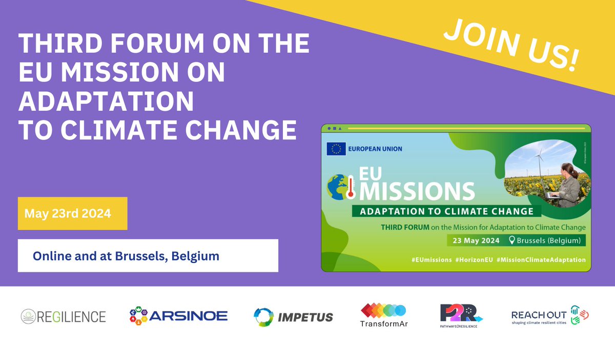 🍀 Join us at the 3rd Forum on the EU Mission Adaptation to Climate Change 🍀 🌿 W/ @regilience , @ARSINOE_EU , @ClimateImpetus , @TransformarEU , @P2Resilience and #REACHOUT! 👉 More info: lnkd.in/einFaUgj #EUMission #HorizonEurope #MissionClimateAdaptation