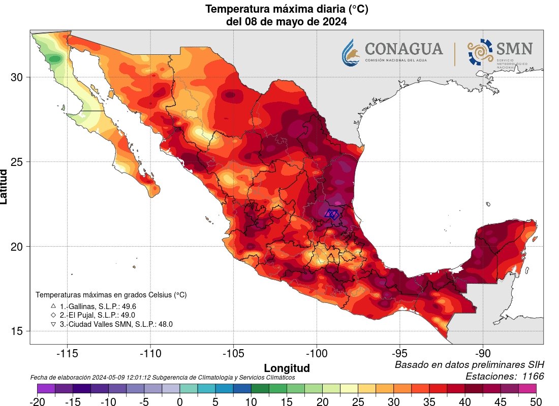 HISTORIC:Most brutal heat wave in NORTH AMERICA history 49.6 Gallinas MEXICO. More than a dozen States with >45C, hundreds of records brutalized allover the country with up to 30C at 3000m asl ! And It will get worse. Map by SMN Updated coming.