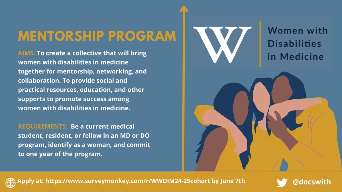 📢Applications Now Open for Year 2 of our Mentorship Program! 

Women with disabilities in medicine join us to connect, learn, and grow. Open to med students, residents &amp; fellows. 

📅Deadline June 7th

#WomenInMedicine #DisabilityInclusion

👉 Apply now: surveymonkey.com/r/WWDIM24-25co…