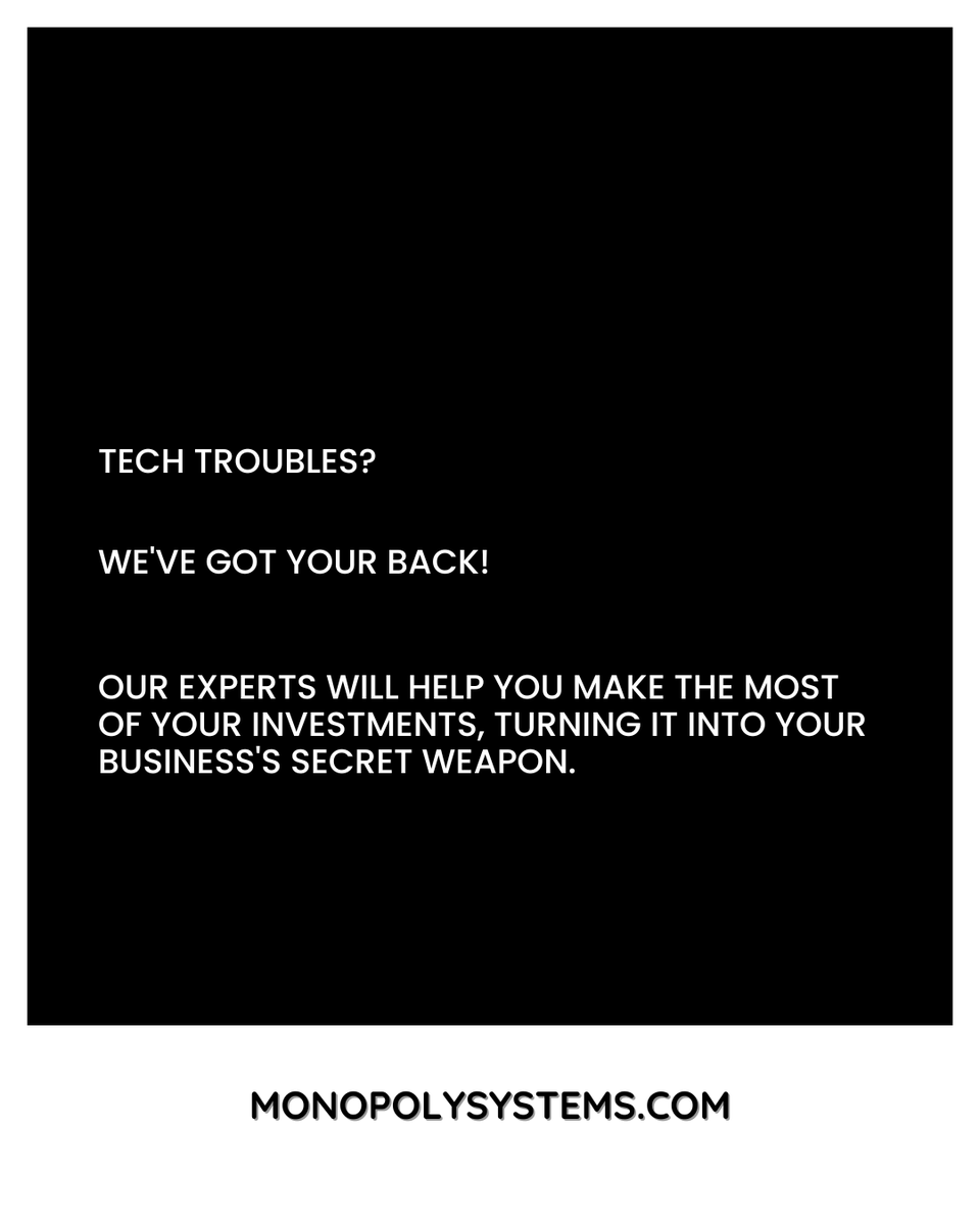 Tech troubles? We've got your back!

View Product & Services: wa.me/c/918763700728

#MonopolySystems #DumbbillApp #InvoicingSolution #InventoryManagement #BusinessGrowth #SoftwareDevelopment #WebDevelopment #AppDevelopment #UXDesign #DigitalMarketing