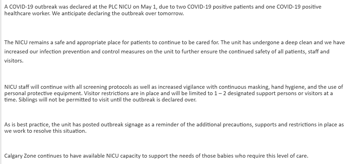 Alberta Health Services is confirming reports of a COVID-19 outbreak in the NICU at Calgary's Peter Lougheed Hospital. -2 babies. 1 worker tested positive -visitors limited/no siblings/staff and visitors required to mask -declared May 1. Likely over by tomorrow -statement fr AHS: