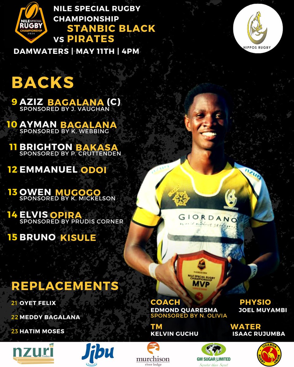 𝗦𝗤𝗨𝗔𝗗 𝗔𝗡𝗡𝗢𝗨𝗡𝗖𝗘𝗠𝗘𝗡𝗧

Introducing our team for the first leg of the #NSRC2024 Semi-final against Stanbic Black Pirates on Saturday.

Kickoff: 4:00PM
Entrance: 10,000 UGX

#HipposTunameza #HippoSTRONG #RaiseYourGame #NileSpecialRugby