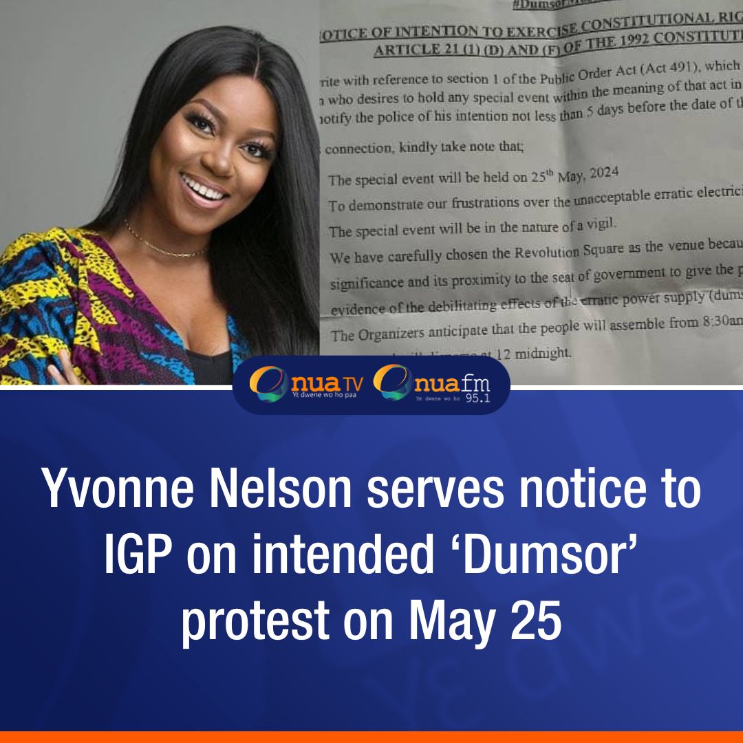 Renowned Actress and Producer, Yvonne Nelson has served notice to the Ghana Police Service about an intended protest against erratic power cuts.

#OnuaNews #OnuaOnline