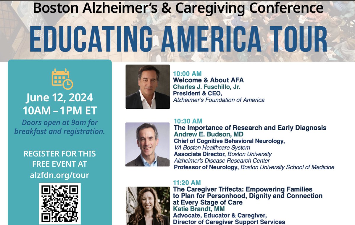 We are very excited about the Conference coming up on June 12th, 2024, from 10AM-1PM hosted by the Alzheimer's Foundation of America. Our very own Dr. Andrew Budson will be the Keynote speaker at the event. The conference is free and open to everyone wanting to attend!