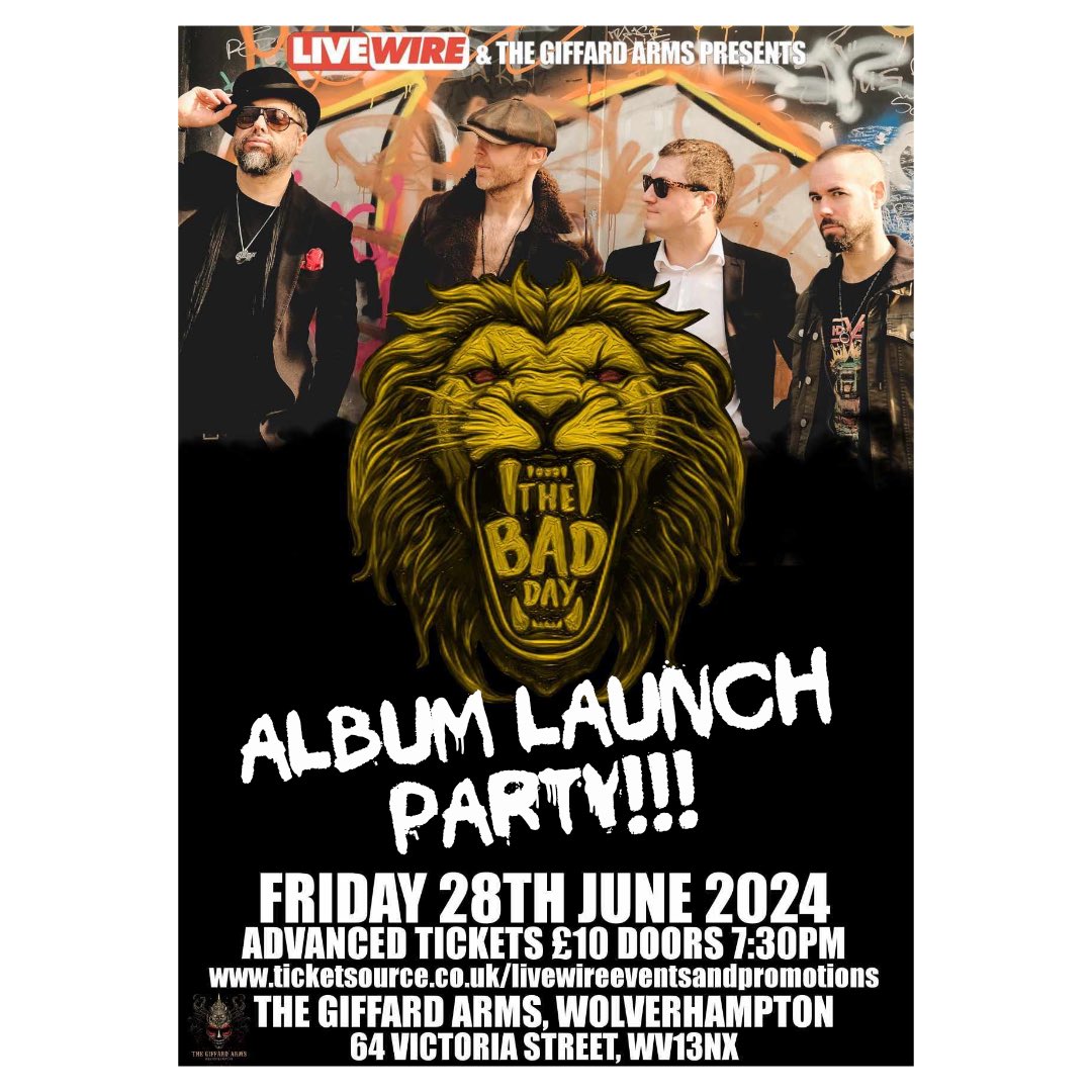 It’s on!!! 🚀 On album release day (Friday June 28th) we shall be celebrating in style!! Playing live at the mighty Giffard arms in Wolverhampton!! New songs from the new album and some amazing special guests! Tickets here 👇 ticketsource.co.uk/livewireevents…
