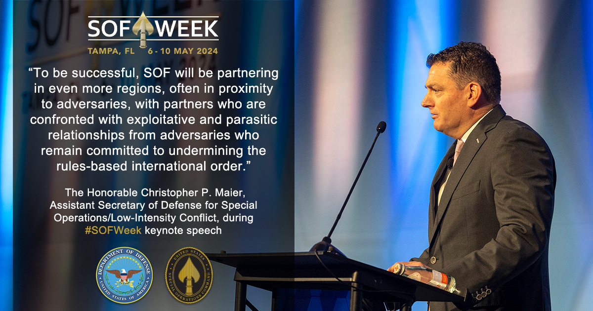 USSOCOM's tweet image. &quot;SOF will be partnering in even more regions, often in proximity to adversaries, with partners who are confronted with exploitative and parasitic relationships from adversaries who remain committed to undermining the rules-based international order,&quot; @ASD_SOLIC #SOFWeek keynote.