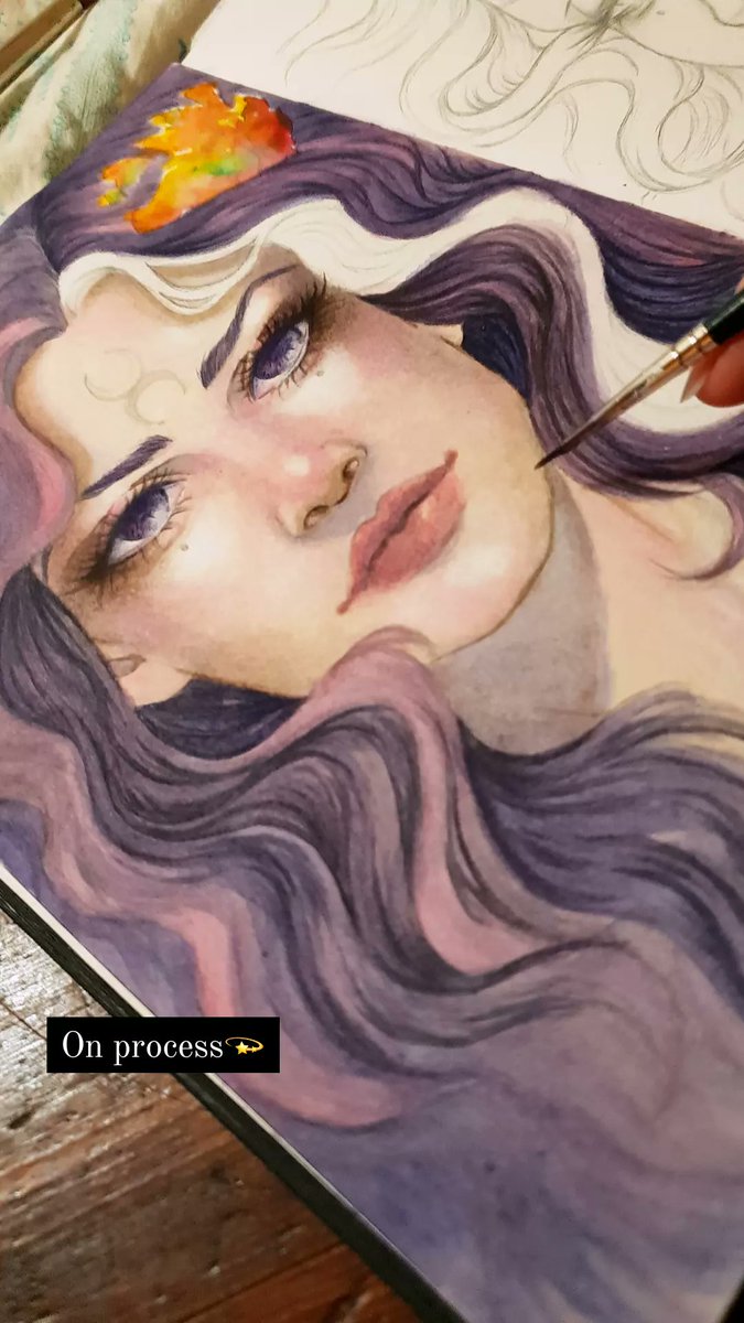 So... on process.
Every piece takes its time and dedication, every touch, detail and the feelings with one of them make eveything so special.

Lilith on process dears🌙🐍

#watercolorpainting #romantasy #witch #lilith #painting #watercolor #moon #fantasyromance