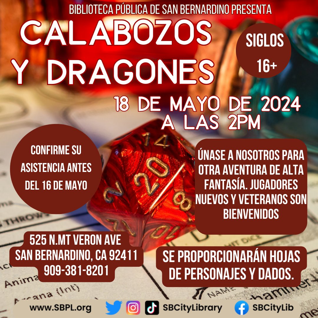 Are you ready for another session of #DungeonsAndDragons over at Villaseñor? #RSVP by May 16 & remember this is for ages 16+. The adventure begins on 5/18 at 2pm. #SanBernardinoPublicLibrary #SanBernardino #SBPL #InlandEmpire #Library #Proud2BeSB #OneShot #DiceGoblin #TabletopRPG