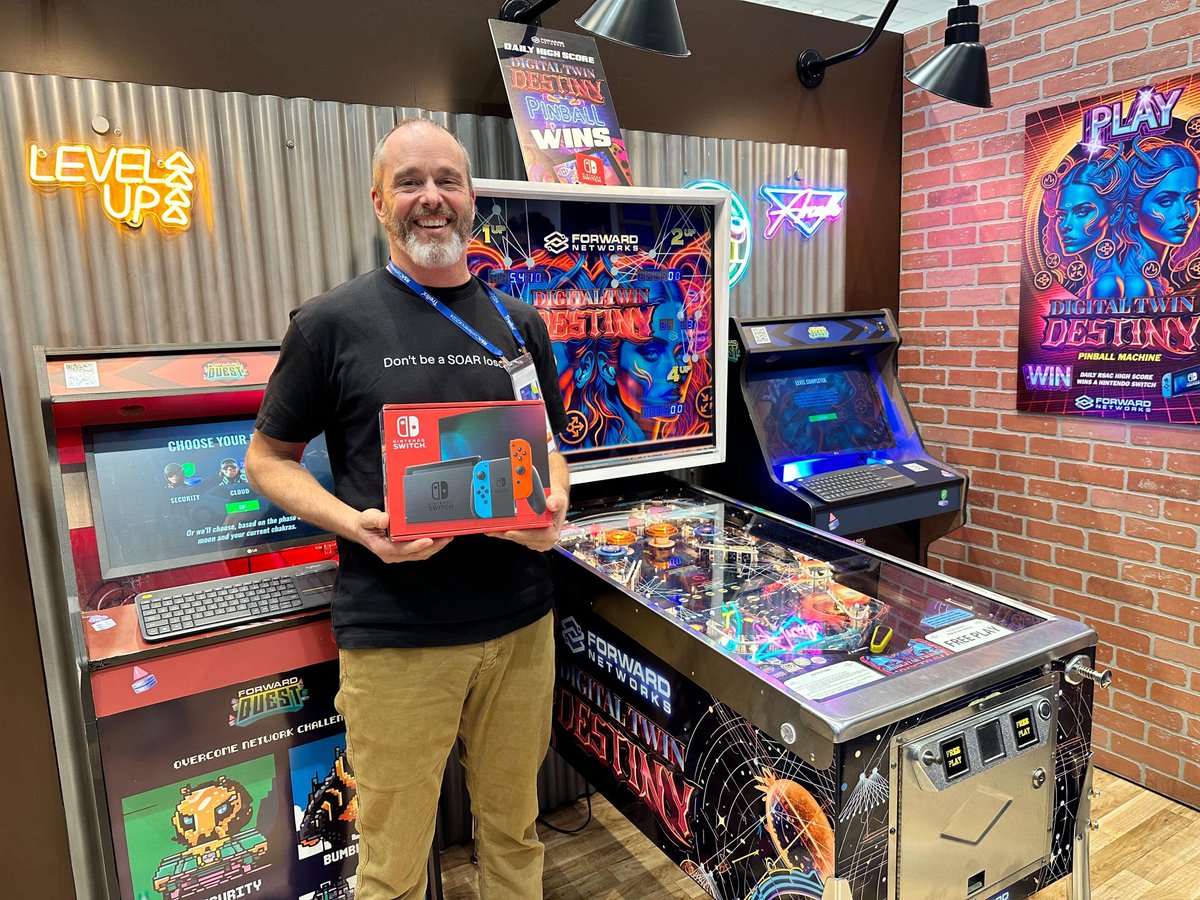Congratulations to yesterday's high score winner of a Nintendo Switch! There's still time today to win at Booth 3202 at #RSAC 2024 by playing Forward Networks' pinball game, Digital Twin Destiny. Come on by for some fun arcade games and a technical demo. bit.ly/3UT2wuE