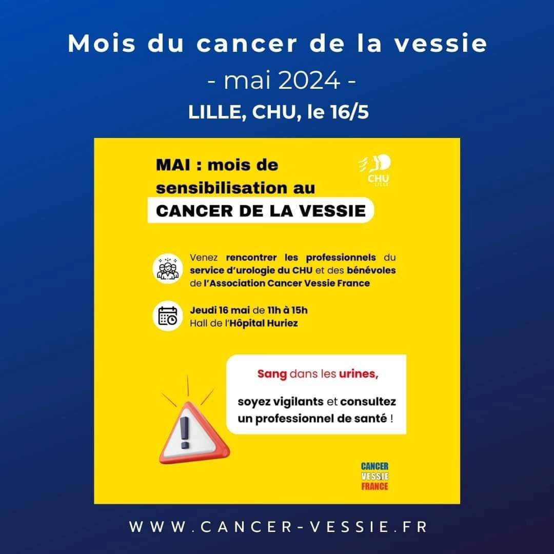 🟣 𝗤𝘂𝗼𝗶-#JournéedeSensibilisation , Service #urologie @CHU_Lille + bénévoles de @CancerVessie France 🟣 𝗤𝘂𝗮𝗻𝗱 -le jeudi 16 mai, 11h-15h 🟣 𝗢𝘂̀ -Hall de l'Hôpital Huriez du CHU de Lille  🟣 𝗢𝘂𝘃𝗲𝗿𝘁 𝗮̀ 𝘁𝗼𝘂𝘀. 𝗩𝗘𝗡𝗘𝗭 𝗡𝗢𝗠𝗕𝗥𝗘𝗨𝗫! #urinesrougesjemebouge