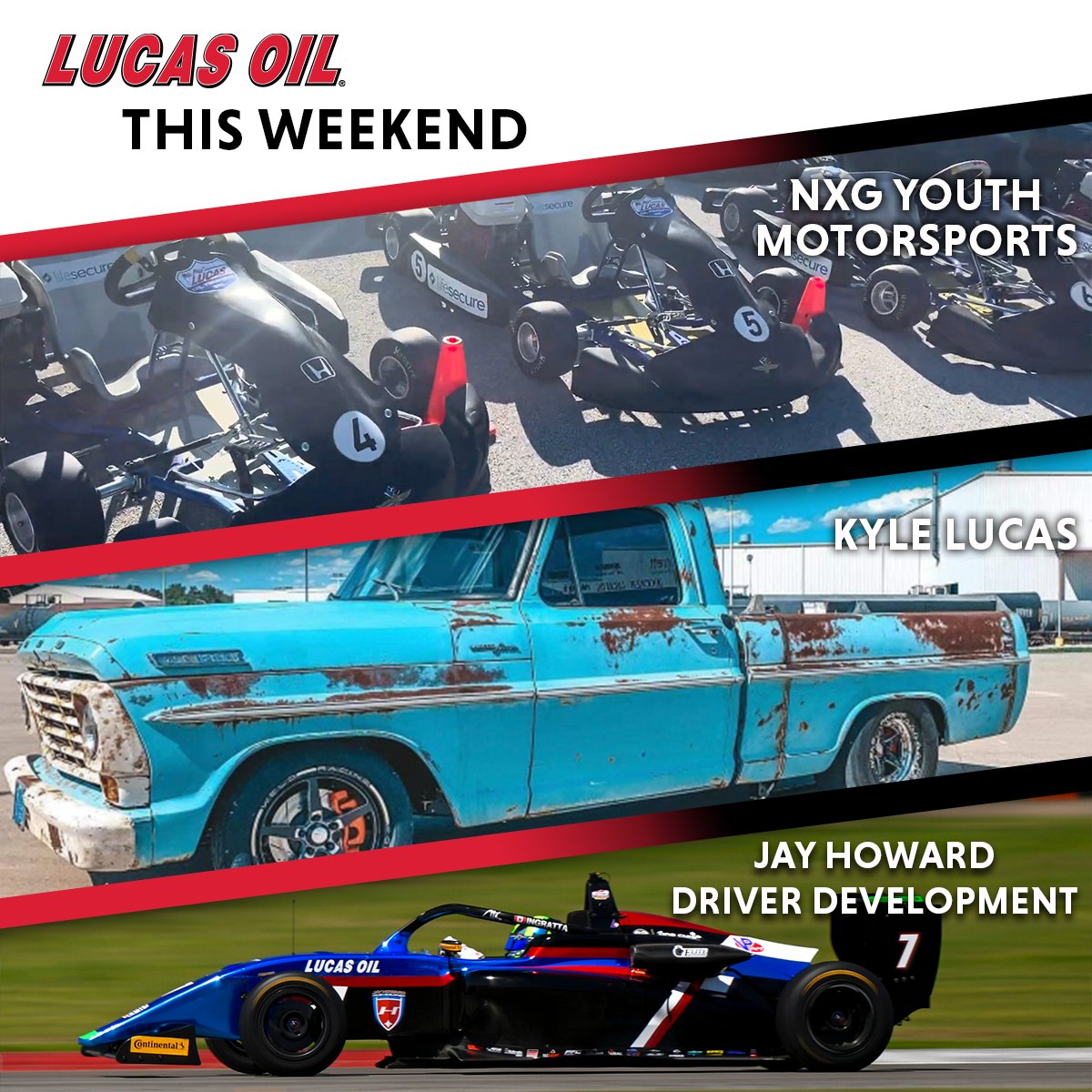 🏁 For the #IndyGP weekend at @IMS, the @nexgeneracers are racing in the museum lot, and @FollowJHDD drivers will be in the @USFProChamps events! 💪 Kyle Lucas will be representing the #LucasAlliance at @OVDragway with his 1967 F100 on the Kentucky drag strip! 🤩 Best of luck!