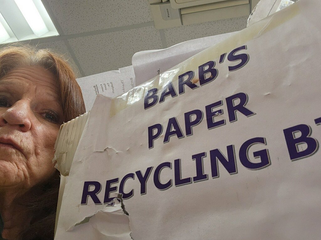 Mrs. Barb, our bookkeeper is Thinking Environmentally this Thursday with her recycle bin! She has it set up in the office for all to recycle used paper. <a href="/MNPS_kidshealth/">MNPS Healthy Schools</a> #MNPSWellnessWeek2024 <a href="/hesmnps/">HermitageElementary</a>