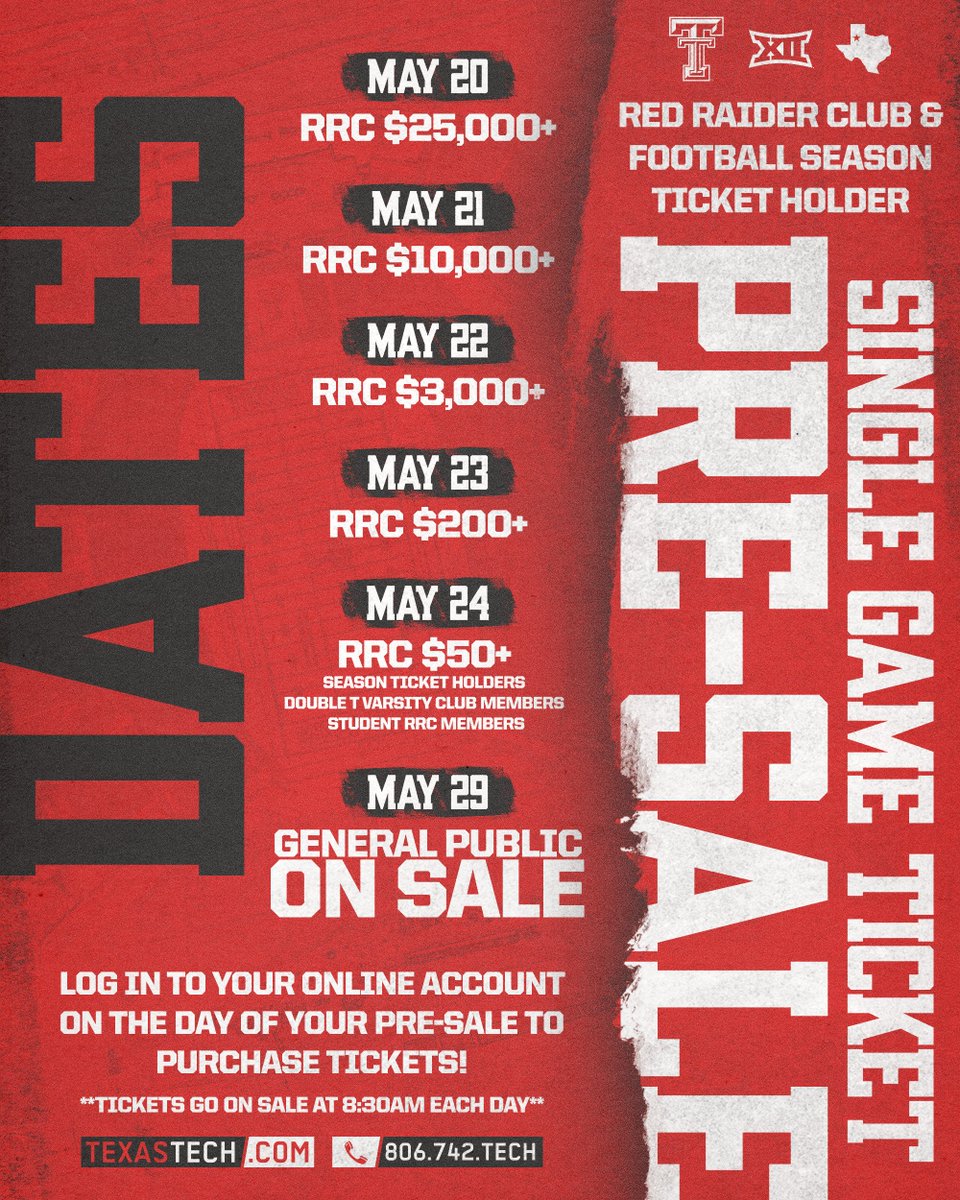 Hey @RedRaiderClub members and football season-ticket holders‼️ Mark your calendars for the @TexasTechFB single-game ticket pre-sale, starting May 20. #WreckEm | 🎟️ wreckem.co/FBTix