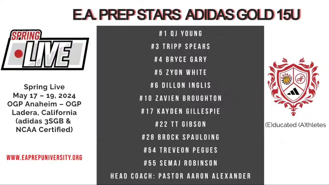 🚨 15U ROSTER DROP 🚨
THE STAGE: SPRING LIVE 
 May 17-19, 2024
 📍Ladera Ranch, California
@StageCircuit @3StripesGOLD
#adidasbasketball #3SGB  #eastcoasttowestcoast ✈️
#eaprepstars #EducatedAthletes