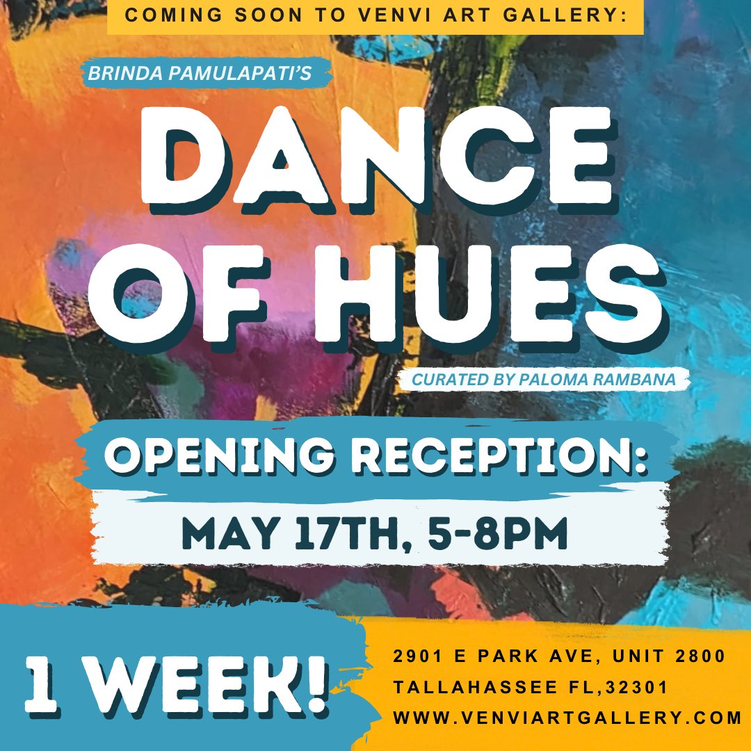 Dance of Hues' opening reception is only one week away! Join us May 17th to view all of Brinda Pamulapati's amazing works in-person! Refreshments and charcuterie will be provided.

#art #artists #gallery #artgallery #tallahasseearts  #artforsale #thingstodointallahassee